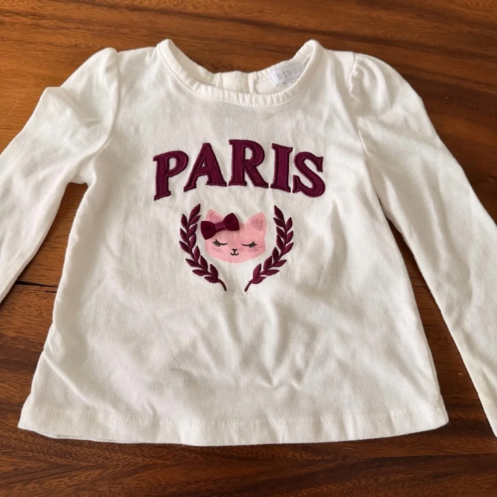Btween Paris Graphic White Long Sleeve Top with Burgundy Flares 2T - Picture 2 of 6